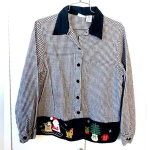 Checkered Black & White "Ugly" Christmas‎ Blouse 90s Kitch Medium